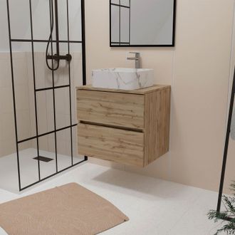 Aurlane Mueble De Ba&ntilde;o 60cm Roble 2 Cajones + Lavabo Blanco 38x38x13 Efecto M&aacute;rmol