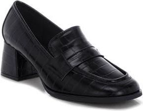 London Rag Pitaka Penny Strap Croc Embossed Flared Block Heel Loafer in Black at Nordstrom Rack, Size 6.5