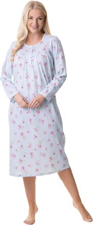 Camille Long-Sleeved 100% Cotton Nighties for Women - Soft Floral Print Nightdress with Button Fastening - Elegant Round Neck Ladies Nightwear 22-24 Blue