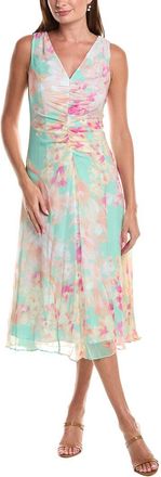 Teri Jon by Rickie Freeman Teri Jon By Rickie Freeman Chiffon Print V-Neck Ruched Front Silk Midi Dress