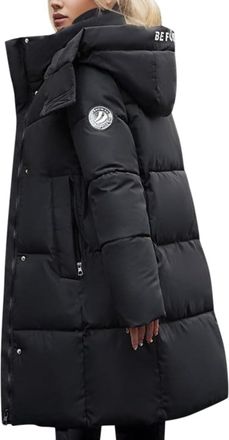 Generic Womens Autumn and Winter Warm Thick Solid Color Detachable Hooded Down Jacket Fashionable Trendy Loose Casual Outdoor Cold-Proof Down Jacket (Black,M)