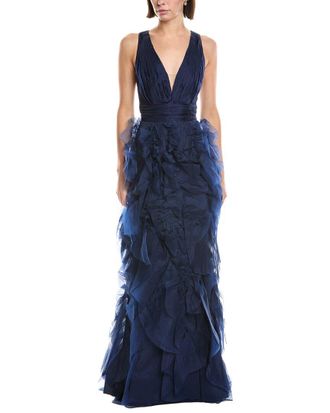 Marchesa Sleeveless Deep V-Neck Silk Maxi Dress