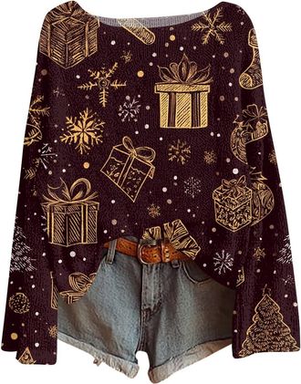 Generic Womens Christmas Jumpers Xmas Tree Print Ladies Tops Funny Christmas Jumpers for Women UK Boho Sweatshirt Xmas Pullover