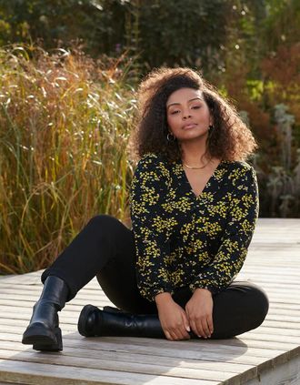 Live Unlimited London Womens Yellow Ditsy Print Jersey Pleat Front Top - Size: 14