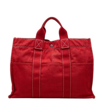 Herm&egrave;s Red Color Cotton Handbag Tote Bag (Pre-Owned)
