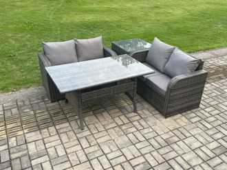 Fimous 4 Seater Rattan Outdoor Garden Furniture Set Rectangular Dining Table & Loveseat Sofa Set With Side Table in Dark Grey