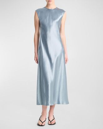 Vince Bias Satin Crewneck Cap-Sleeve Midi Dress