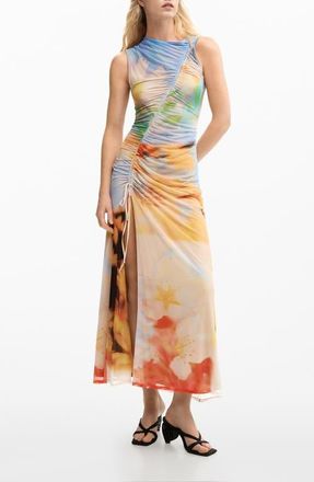 Desigual Abstract Print Ruched Midi Dress in Yellow Multi at Nordstrom, Size X-Small