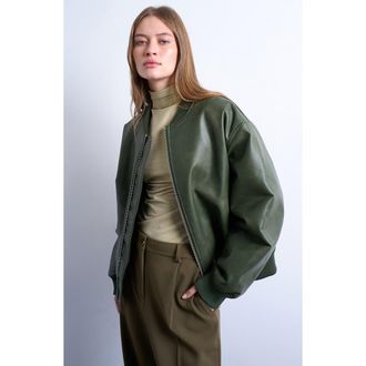 Topshop Oversize Faux Leather Bomber Jacket in Medium Green at Nordstrom Rack, Size X-Small