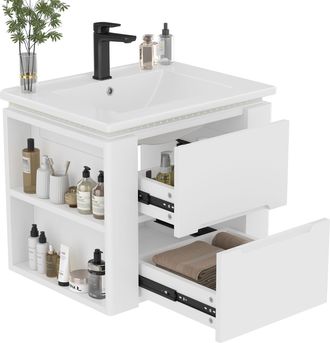 STILVORA Mueble Bajo Lavabo Suspendido Con 2 Cajones, 2 Estantes Laterales Y Luz Led Con Sensor, En Mdf Y Cer&aacute;mica, 60 X 46 X 48.5 Cm, Blanco