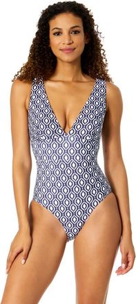 Anne Cole Womens Azzurra Geo Plunge Front One Piece Swimsuit at Nordstrom, Size 14