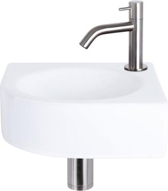 Differnz Cleo fonteinset - 30x30x10cm - Kwartrond - 1 kraangat - Gebogen matte chromen kraan - Keramiek Wit