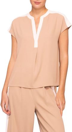 Melloday Split Neck Cap Sleeve Contrast Trim Top in Light Khaki/Bone at Nordstrom, Size X-Small