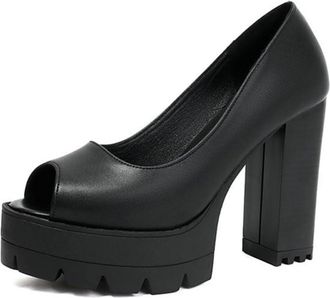 Generic Womens Platform Chunky Heels Open Peep Toe Slip On Pumps Sandals Wedding Fashion Casual Versatile Shoes (7.5,Black (PU))