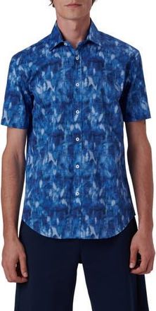 Bugatchi Shaped Fit Print Stretch Cotton Short Sleeve Button-Up Shirt in French Blue at Nordstrom Rack, Size Medium