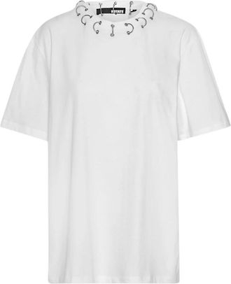 Rotate Oversized Ring T-Shirt met Juweelhals - Dames - T-shirts - Wit - M - Katoen - Tops