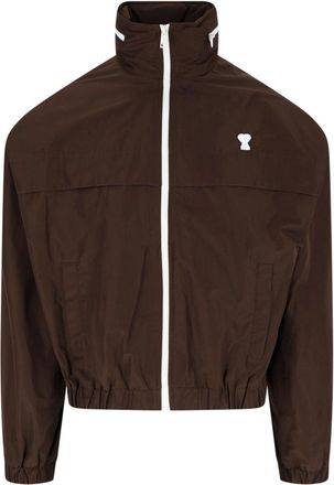 Ami Brown Detachable-Hood Logo Embroidery Cotton-Blend Jacket