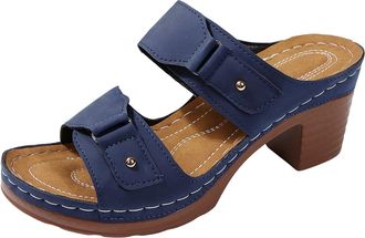 Generic Womens Chunky Heel Sandals Open Toe Double Strap Slippers Solid Color Summer Dressy Walking Casual Shoes with Arch Support (Blue, 3.5)