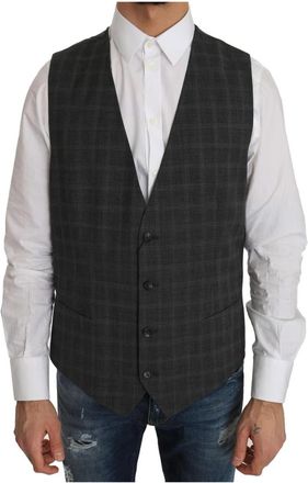 Dolce & Gabbana Grijze Geruite Formele Vest - Heren - Gillet - Grijs - XL - Wol - Kostuums
