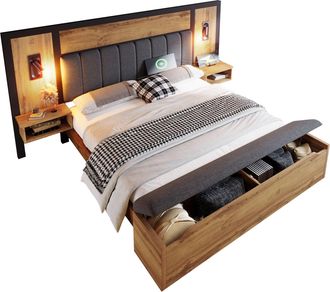 STILVORA Cama Para Adultos 160 X 200 Cm De Madera Y Metal, Cama Doble Con L&aacute;mpara De Lectura, Banco De Almacenamiento, Usb Y Tipo-c, Colch&oacute;n Incluido, Roble