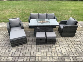 Fimous Wicker Rattan Garden Furniture Sofa Set Gas Fire Pit Dining Table Indoor Outdoor with Chair 3 Footstools in Dark Grey