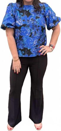 Fate Bold Floral Jacquard Fabric Short Puff Sleeve Top In Black/royal Blue
