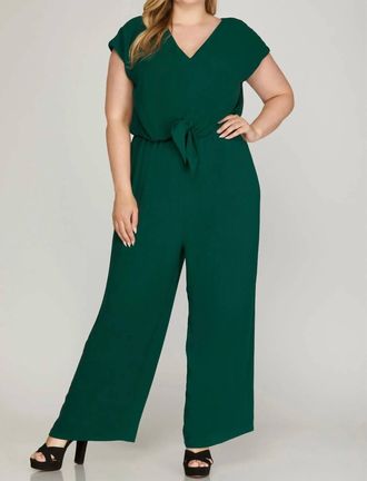 She + Sky Short Sleeve Tie Front Woven Jumpsuit In Teal Green