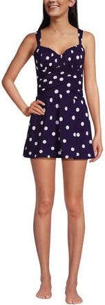 Lands End Slender Lite Sweetheart Shirred Swim Dress in Blackberry Polka Dot at Nordstrom, Size 14