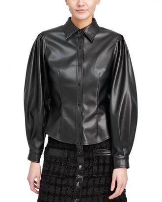 En Saison Faux Leather Button Front Shirt In Black