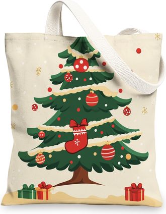 Generic Kid Christmas Tree Canvas Tote Bag for Shopping 13x15, Cartoon Cute Xmas Balls Reusable Grocery Print Bag for Women, Happy Holiday Beach Aesthetic Pai