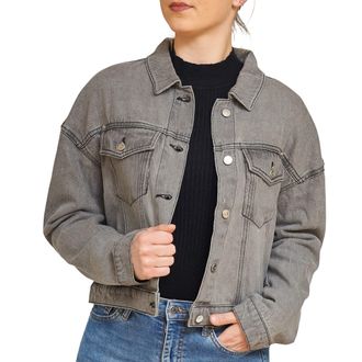 Generic Womens Oversized Denim Cropped Fit Jacket, Ladies Long Sleeve Stone Wash Boyfriend Jean Top Loose Coat - Grey - Medium, M Plus