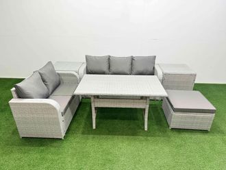 Fimous 6 Seater PE Rattan Wicker Garden Furniture Patio Conservatory Sofa Set w/ Rectangular Dining Table 3 Seater Sofa Love Sofa Big Footstool 2