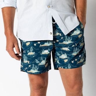 Duck Head Mens Sailport Printed Swim Short In Dark Indigo