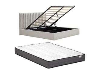 Vente-Unique Canap&eacute; abatible 180 x 200 cm - Tela - Gris claro + Colch&oacute;n - SARANELI