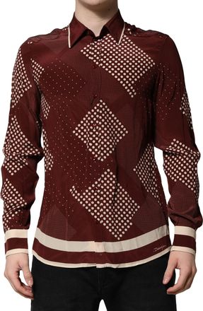Dolce & Gabbana Mens Maroon Dotted Silk Long Sleeve Casual Shirt