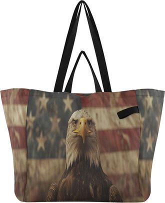 Generic Flag Bird Beige print Reusable Canvas Tote Bag, Heavy Duty Grocery Shopping Bag with Double Handles Large Capacity Hard Bottom Work Groceries Travel