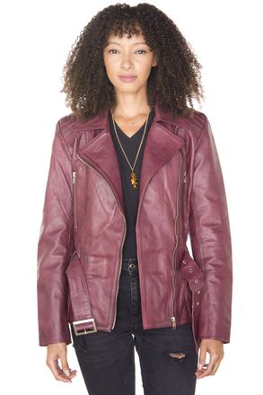 Infinity Leather Womens Long Biker Jacket-Quito - Burgundy - Size 10 UK