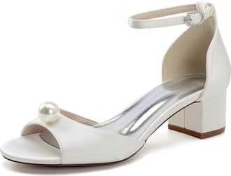 Generic Womens Block Heel Sandals Bridal Wedding Dress Shoes Low Heel Peep Toe Prom Party Dress High Heels Sandals 4.5Cm,Ivory,10 UK