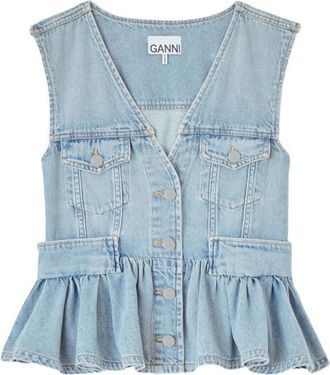 Ganni Blue Solid V Neck Top