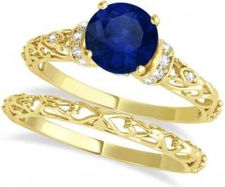 Allurez Blue Sapphire & Diamond Antique Style Bridal Set 14k Yellow Gold.87ct