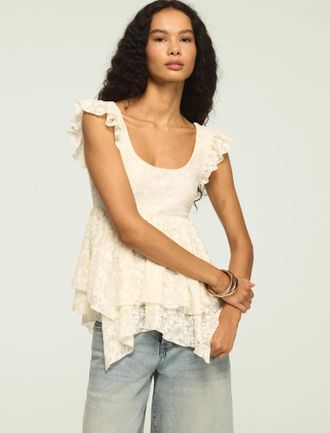 Lucky Brand Womens Lace Flutter Sleeve Top