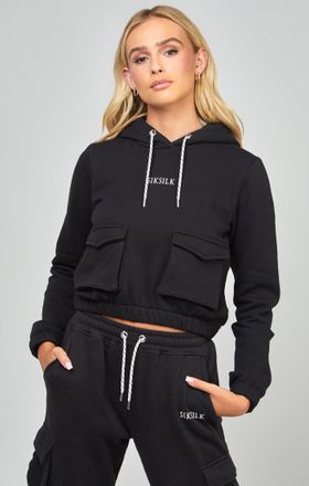 Siksilk Sudadera con capucha de SikSilk para mujer, negra con bolsillos cargo S