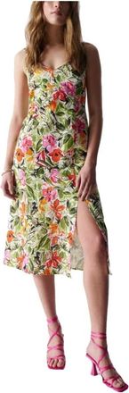 Salsa Bloemen Midi Linnen Jurk - Dames - Casual kleedjes - Groen - S - Linnen - Kleedjes