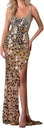 Terani Couture Mirror Embellished Prom Dress In Gold/nude