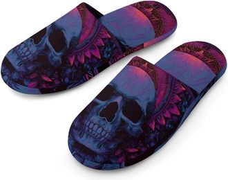 Generic Psychedelic Skull Head with Floral Mens House Slippers Slip Indoor Slipper On Shoes Warm Outdoor