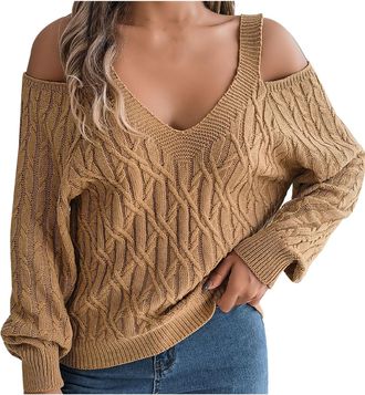 Generic Womens Sweaters Cold Shoulder Lantern Long Sleeve Jumpers Casual V Neck Chunky Knit Pullover Loose Comfort Knitwear Fall Winter Versatile Warm Tunic T