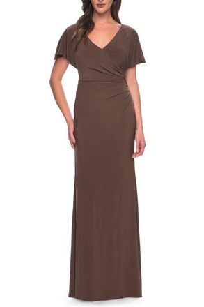 La Femme Chic Jersey Dress with V Neck and Loose Sleeves in Cocoa at Nordstrom, Size 14