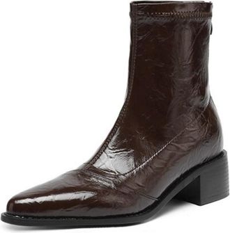 Generic Womens Ankle Boots Pointed Toe Low Block Heels Patent Leather Back Zip Soft Lining Cushioned Insole Comfortable Non Slip Wear Resistant Casual Daily O