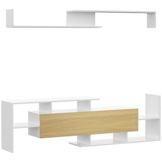 HOMCOM TV Cabinet Unit w/ Wall-Mounted Shelf - Open Shelves White and Natural | TJ Hughes