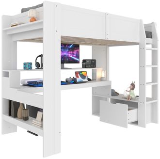 STILVORA Letto A Soppalco 90 &times; 200 Cm Singolo Con Scrivania, Cassetto, Scaffali E Led, Senza Materasso, Bianco